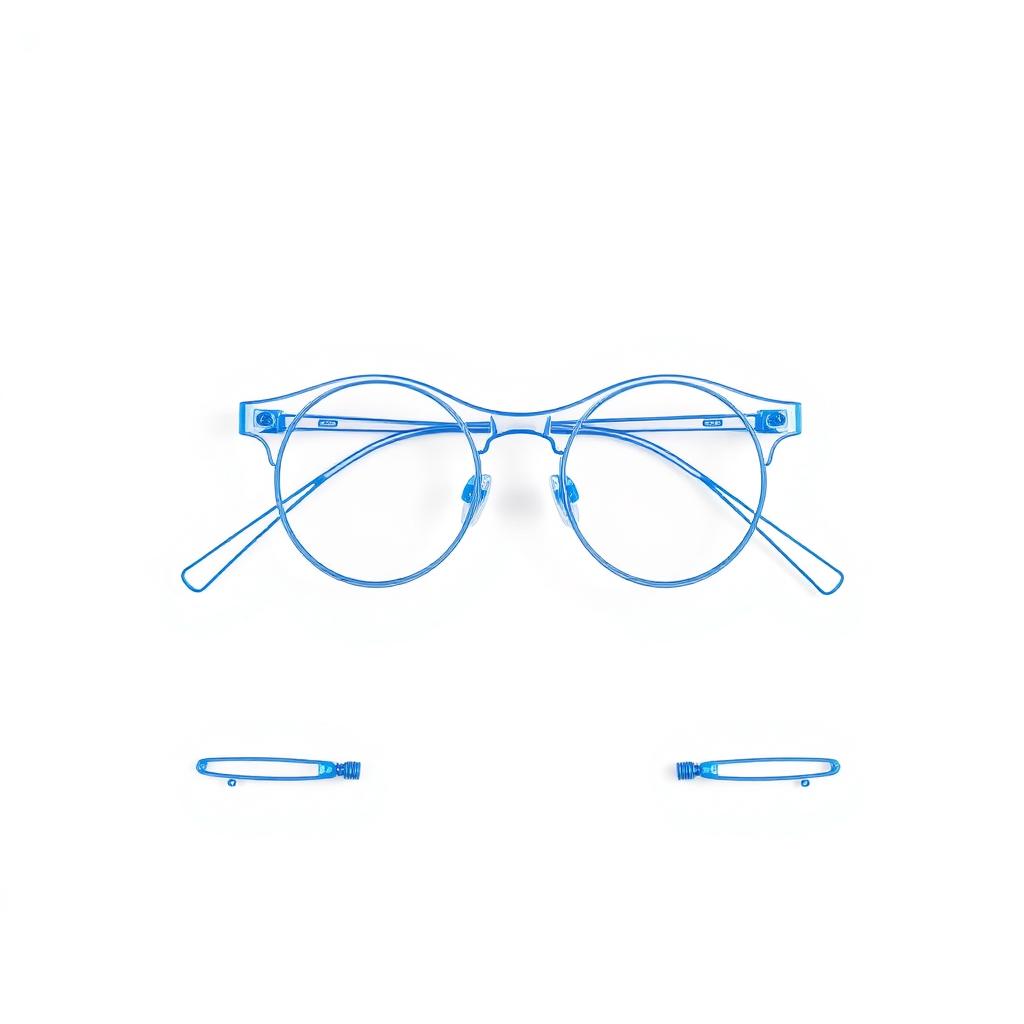 Wireframe diagram of modular eyewear components: frame front, temples, hinges and screws