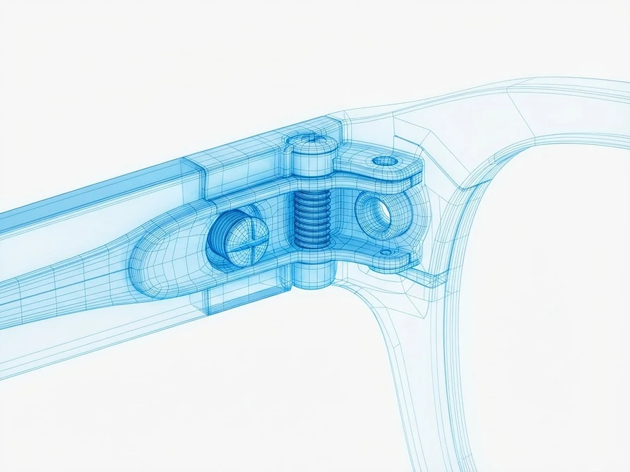 3D wireframe CAD render of eyewear hinge mechanism
