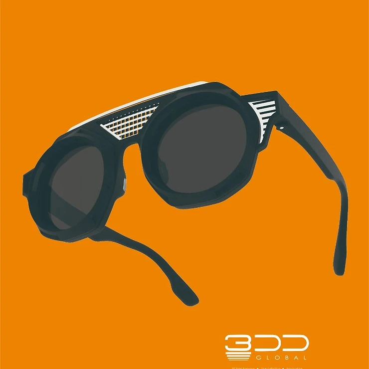 Matte black eyewear with grid temple detail on orange background